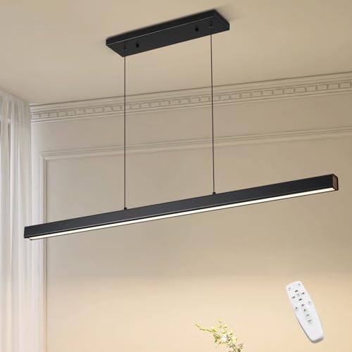 LED Linear Pendant Light Fixtures, 59'' Black Dimmable Island Light with Remote, 3000k-6000K Adjustable Color Temperature, Aluminum Chandelier Lamp Fixture for Kitchen, Dining Room, study room