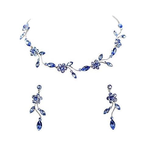 Faship Gorgeous Blue Rhinestone Crystal Floral Necklace Earrings Set - Blue,91101304925403-C1N11 Cover