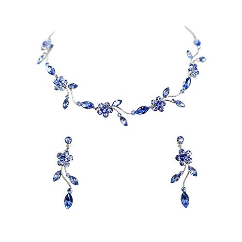 Faship Gorgeous Blue Rhinestone Crystal Floral Necklace Earrings Set - Blue,91101304925403-C1N11