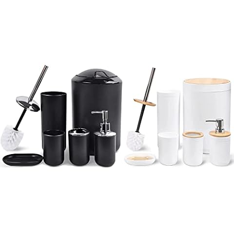 CERBIOR Bathroom Accessories Set 6Pcs,Black, Bamboo Bathroom Accessory Set 6Pcs,White Cover