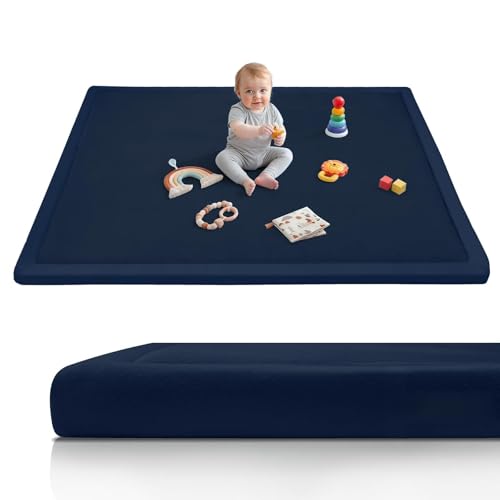 Image of 2-Inch Extra Thick Baby Floor Mat, 79 inchx59 inch Large Nursery Rug with Powder-Free Memory Foam, Water-Resistant Flannel Cover & Non-Slip Base for Tummy Time and Crawling, Navy Blue