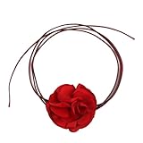 SAVITA Vintage Flower Necklaces, Boho Floral Necklace Adjustable Fabric Rose Necklace for Women Girls Bride Wedding Party Birthday (Red)