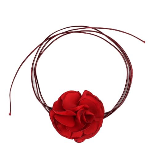 SAVITA Vintage Flower Necklaces, Boho Floral Necklace Adjustable Fabric Rose Necklace for Women Girls Bride Wedding Party Birthday (Red)