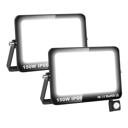 Willpower 2pcs Foco LED Exterior 150W Proyector LED con Detector de Movimiento Impermeable IP66 LuzLED Exterior 6000K Blanco Frío Luz de Inundación Seguridad para Garaje Patio Jardín Terraza Parque