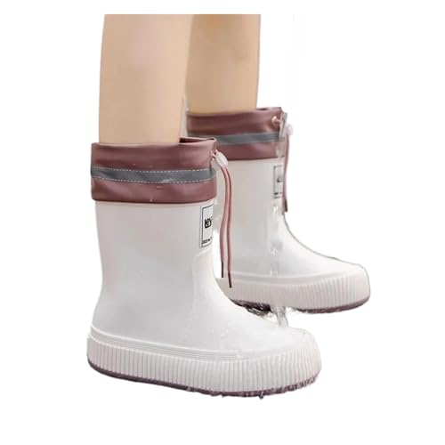 POAUYHB Women's Rain Boots Women's Mid-Calf Fleece Lined Tying Rain Boots Fashionable Waterproof Kitchen Anti-Slip PVC Shoes(Color 1,7.5/8.5)
