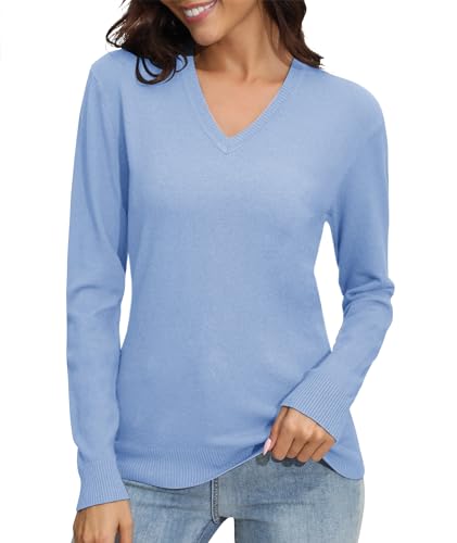Image of EXCHIC Women's Long Sleeve V-Neck Casual Sweaters Fall Classic Soft Knit Top 2026 Fit Basic Pullover Tops