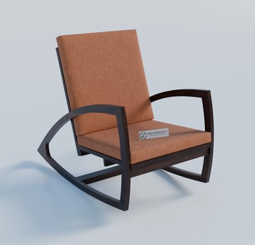 Image of Jangid Handicraft Solid Sheesham Wooden Rocking Chair for Living Room | Lounge Chair for Bedroom | Contemporary Swing Arm Chair for Balcony | Modern Arm /Sofa Chair | Orange Cushion & Walnut Finish