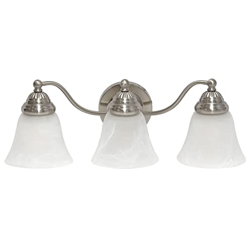 Image of Simple Designs VT1023-BSN 19.25 inch Classic 3 Light Winding Metal and Frosted Marble White Bell Shape Glass Shades Decorative Wall Mounted Vanity Fixture For Bathroom, Entryway, Hallway, Brushed Nickel