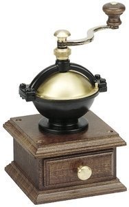 Zassenhaus Coffee Grinder Model 169DG, a manual coffee grinder with a wooden body and a brass-colored top and crank handle.