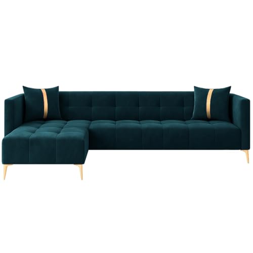 Image of FURNY Styliving 6 Seater Fabric LHS L Shape Sofa Set (Greenish Teal) with Golden Finish Legs | Durable & Comfortable | Ideal for Living Room