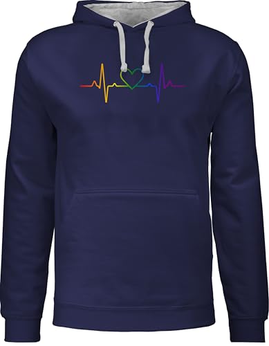 Pullover Herren Frauen Hoodie Kontrast zweifarbig - LGBTQ Kleidung Flag - Herzschlag Regenbogen Pride - 3XL - Navy Blau/Grau meliert - lgbt herz pulli csd lgbtq+regenbogen fun-sweatshirts lesbian
