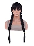 ANESHE Black Braids Wig With Bangs Long Cosplay Black Braided Wig for Grils Synthetic Wigs with 2 Pigtails Peluca Negra Dress Up for Halloween Costume Party