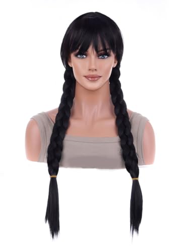 ANESHE Black Braids Wig With Bangs Long Cosplay Black Braided Wig for Grils Synthetic Wigs with 2 Pigtails Peluca Negra Dress Up for Halloween Costume Party