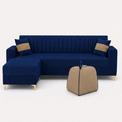 Image of FURNY Signature Regalia 4-Seater L-Shape Sofa Set with Movable Ottoman & Accent Suri Pouf | Flexible LHS /RHS Layout | Boston Fabric | 40D Foam + Zigzag Spring | 3-Yr Warranty (Midnight Blue, Beige)
