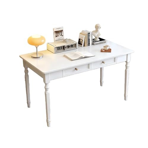 Esspoxi Escritorio de Madera Maciza Caucho con Cajones - Mesa de Ordenador Resistente para Oficina en Casa y Estudio, Mesa Despacho con Patas de Madera y Bordes Redondeados(Blanco,W/o CHR,47.2in)