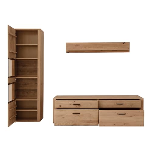Lomadox Wohnwand Wohnmöbel Set Eiche teilmassiv 3-teilig, Vitrine, Wandboard, Lowboard – Bild 3