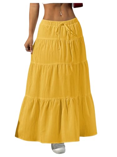 Image of Verdusa Women's Long Maxi Skirt Boho Flowy Flared Ruffle Skirts 2026 Beach Vacation Summer Going Out Outfits