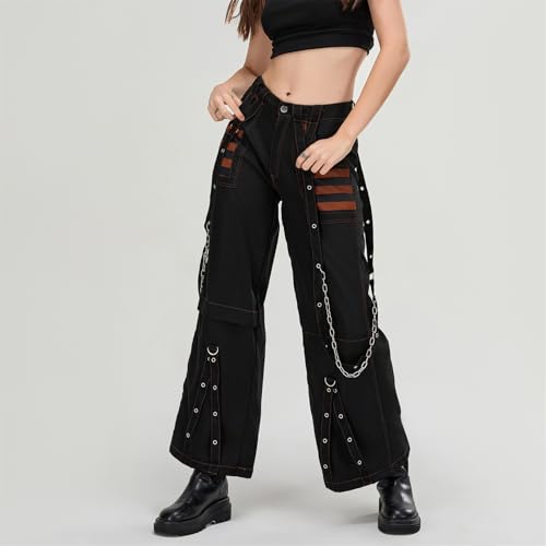 Women Cargo Baggy Pants Y2K Punk Low Waist Wide Leg Denim Bootcut Jeans Vintage Hip Hop Blokette Strap Chain Streetwear3