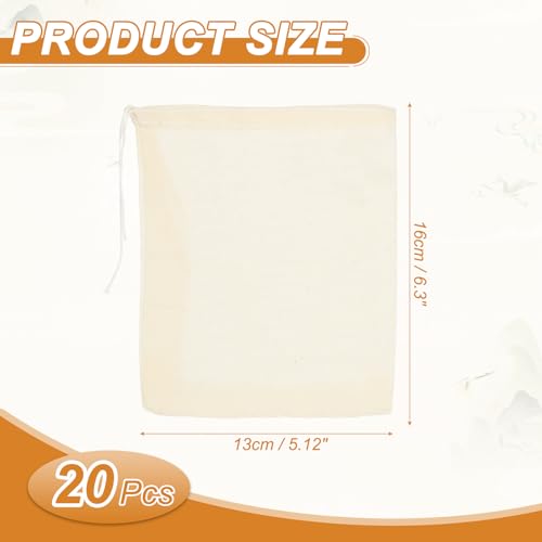 Sourcing Map 20 Pcs Reusable Spice Bags for Cooking, 6x5 in Muslin Strainer Cotton Cheese Cloth for Loose Leaf Tea, Straining Soups & Herbs, Beige - Image 2