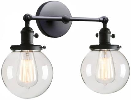 Miniatura 10 de PERMO Apliques de pared doble vintage industriales antiguos con 2 luces con doble cúpula de vidrio transparente claro de 5.9" redonda (Negro)