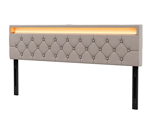 Ikifly Upholstered California King Size Led Headboard With Led Lights & 2 Usb Ports - Adjustable Height - Button Tufted Linen Fabric Padded Headboard Only, Easy Assembly - Light Brown/Cal King #TOP3