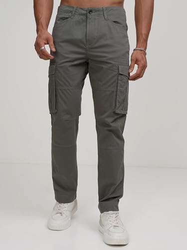 Image of Highlander Men's High-Rise Straight-Fit Cargo Trousers | Utility Pockets | Fashion & Function Blend | Carpenter Fit | Men Trousers | Trousers for Man |Cargo Pants for Men