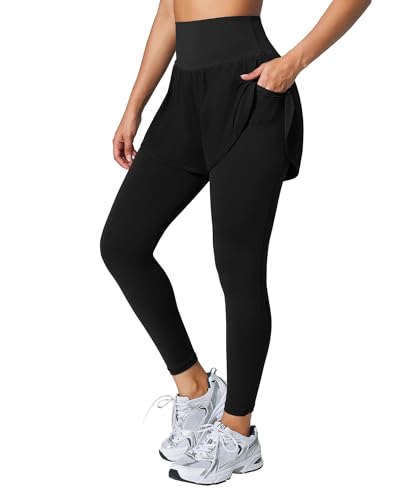 BRXL 2 in 1 High Waist Leggings with Shorts for Women with Pockets Athletic Yoga Tennis Dance Pants Black