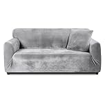 Teynewer Thick Velvet Sofa Covers 1 2 3 4 Seater High Stretch Non-Slip Couch Cover Furniture Protector Plush Sofa Slipcovers with 1 pillowcase for Living Room Dogs Cats Pet (3 Seater, Light Grey)
