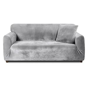 Teynewer Thick Velvet Sofa Covers 1 2 3 4 Seater High Stretch Non-Slip Couch Cover Furniture Protector Plush Sofa Slipcovers with 1 pillowcase for Living Room Dogs Cats Pet (2 Seater, Light Grey)