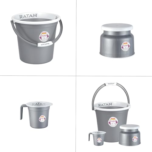 Image of RATAN PLASTICWARE Plastic Bathroom Set of 3 Pieces Combo Pack Gloria Plain,18 Liters Bucket + Nova Stool Patla 107 + Gloria Plain Bath Mug 1 Liter - NIR Silver