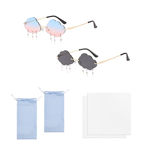 SIKAMARU 2 Pack Rimless Sunglasses; Comes with 2 Glasses Bags; 2 Glasses Cloths; Funny Irregular Sunglasses, Cloud Shape, Lightning Su, Colorful Sunglasses for Women, Men's Party, Beach