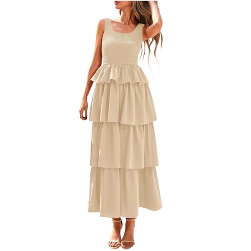 Vestidos para mujer, sin mangas, de algodón, de verano, maxivestido de verano, casual, holgado, con volantes, largo, fruncido, escalonado, para vacaciones, elegante vestido de playa, 01 Beige, XXL