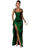 YMeiPaodw Ruched Satin Long Mermaid Prom Derss with Slit Square Neck Emerald Green Bridesmaid Dress Corset Formal Cocktail Ball Gown Size 4