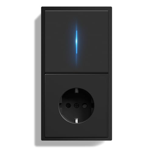 BSEEDLIFE Interruptor con Enchufe Pared,Enchufe con Interruptor Conmutador de Pared con Marco de PC con LED Indicador,1 Gang 1 Vía 150 * 80mm,Fácil Instalación Diseño de Gancho de Garra,Negro