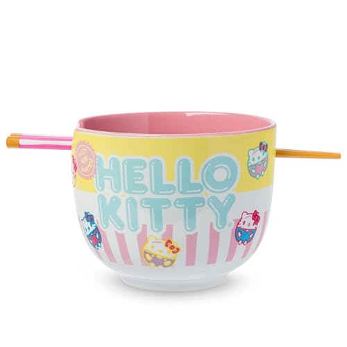 Image of Silver Buffalo Sanrio Hello Kitty Pastel Colored Ceramic Ramen Noodle Rice Bowl with Chopsticks, Microwave Safe, 20 Ounces