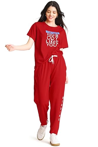 Image of ZEYO Night Suit for Womens Typography Printed Cotton Night Dress of Top and Wide Bottom Pyjama