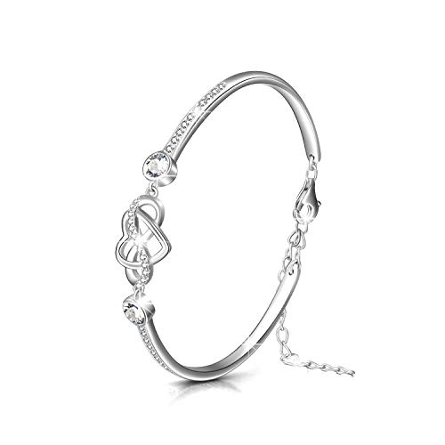 Image of AOBOCO 925 Sterling Silver Infinity Endless Love Heart Birthstone Bangle Bracelet - I Love You Forever Series Adjustable 6-8 in Bracelet with Crystals from Austria Romantic Birthday Jewelry Gift for Women Wife Girlfriend
