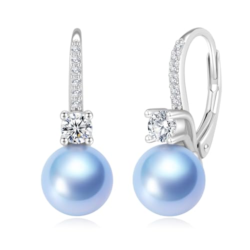 Pearl Drop Dangle Earrings 925 Sterling Silver Cubic Zirconia Leverback Earrings, 8MM Round White/Black/Blue Cultured Pearls Jewelry Gifts for Women Wife Mother
