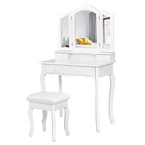 Giantex Vanity Table Set with Tri-Folding Mirror and Cushioned Stool, Makeup Dressing Table with 4 Drawers and Storage Shelf, Modern Bedroom Bathroom Makeup Table for Women Girls Gifts (White)