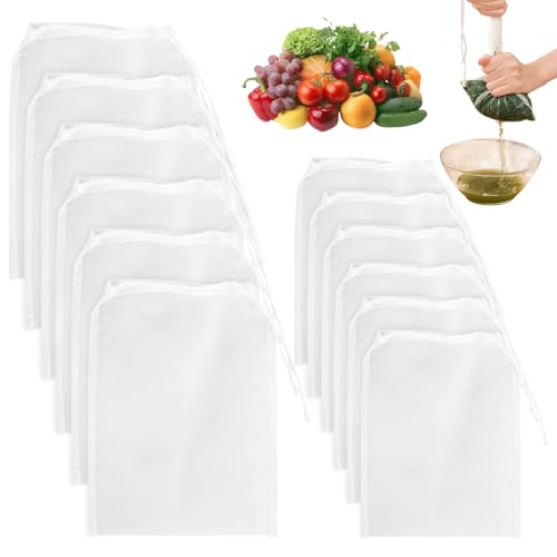 Lot de 12 sacs à lait de noix, 20 × 30 cm/15 x 20 cm, tissu filtrant en nylon tissé fin, réutilisables, sacs filtrants en nylon avec cordon de serrage, étamine pour lait de noix, café, jus de fruits