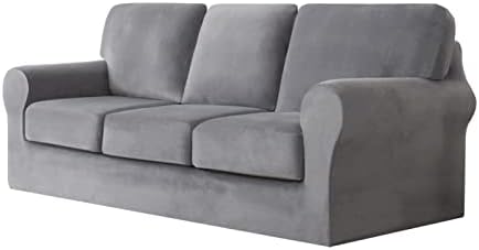 7-Piece Stretch Velvet Sofa Cover, 3 Seater Couch Loveseat Slipcover with Three Separate Backrests and Cushion Cover with Elastic Band for Dogs, Pets, Kid (Light Grey)
