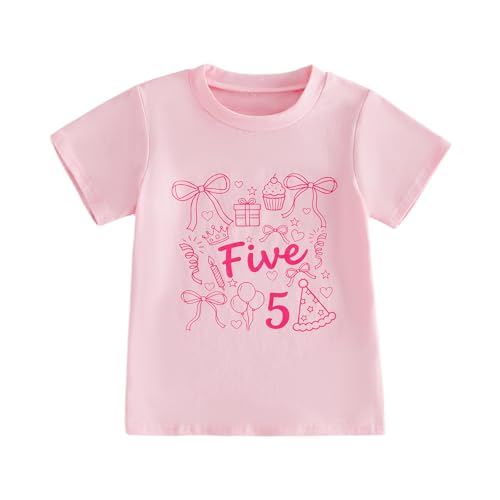 Himllauen Toddler Baby Girls Summer Birthday Shirts Number Letter Print Short Sleeve Crew Neck Cute T-Shirt Little Girls Birthday Summer Clothes Tops 1-6 Years (Pink Bow 5 5-6 Years)