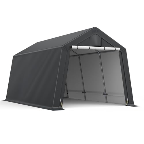 10x15FT Outdoor Storage Shelter Carport,Thickened Double-layer Heavy Duty Storage Shed Carport with Roll-up Zipper for Bike, Motorcycle, Garden Storage, Dual-color PE Waterproof and UV Resistant, Gray