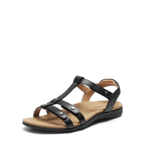 DREAM PAIRS Women's Flat Sandals with Arch Support Adjustable Strappy Comfort Walking Sandals Casual Summer Everyday Shoes 6 Black