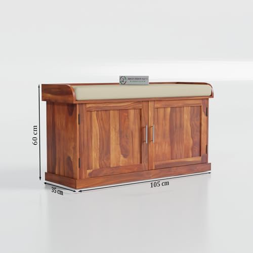 Image of Jangid Handicraft Solid Sheesham Wood Seating Bench for Balcony with Cushion |Outdoor Wooden Shoe Rack Organizer for Home & Office | 2 Shelf & Door Cabinet with Storage |Provincial Teak Finish