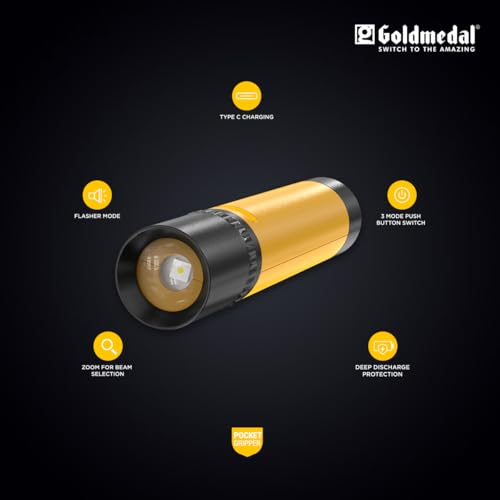 Image of Goldmedal Torcia 05 1W LED Rechargeable Torch - Cool Daylight (6500K) | 500 mAh Li-ion Battery | Battery Back-up Up to 2 Hours | Deep Discharge Protection | Type C Charging | Zoom for Beam Selection