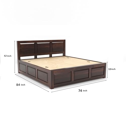 Image of Sheesham Wood King Size Bed with Storage Box | Wooden Box Bed King Size Double Cot Bed with Storage for Bedroom | Premium 3 Dalla Design Headboard Bed for Hotel, Home | Walnut Finish