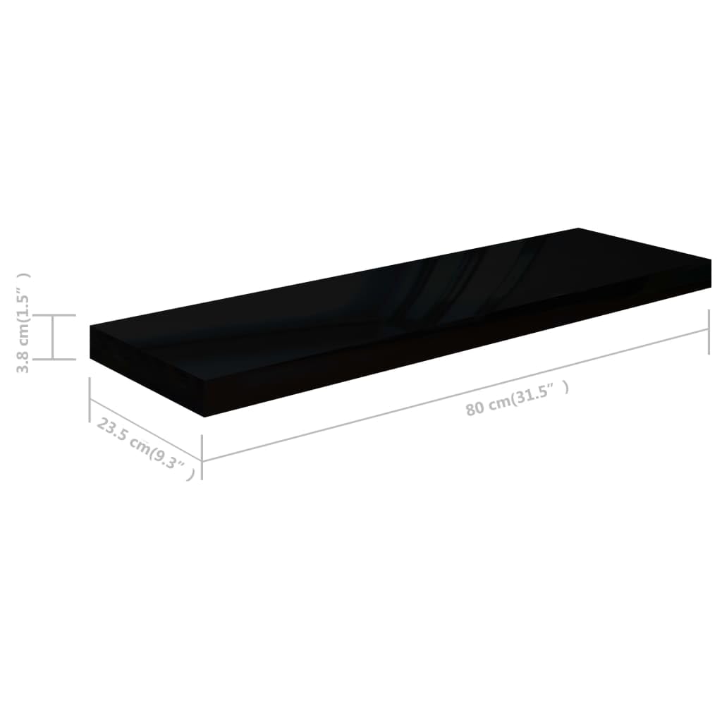 Zestaw 2 półek wiszących, wysoki połysk, czarny, 80 x 23,5 x 3,8 cm MDF, niewidoczny uchwyt, regał ścienny na książki, dekoracja, do salonu, sypialni