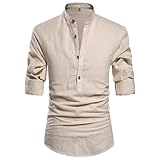 Anelune Mens Casual Cotton Linen Beach Shirts Fashion Hawaiian Henley Shirt for Daily,Vacation Beige