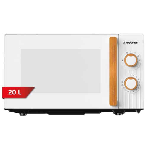 Corberó - Microondas | CMICG270WOODW | 20L | Potencia 700W | Descongelar | 5 Niveles de Potencia | Control Mecánico | Temporizador 35 Min | Plato Giratorio 255mm | Apertura con Pulsador | Blanco